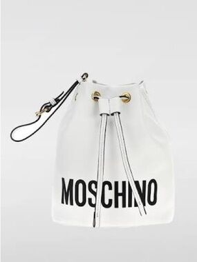 MOSCHINO Logo Bucket Bag Drawstring Wristlet White w/ Black Lettering LIKE NEW